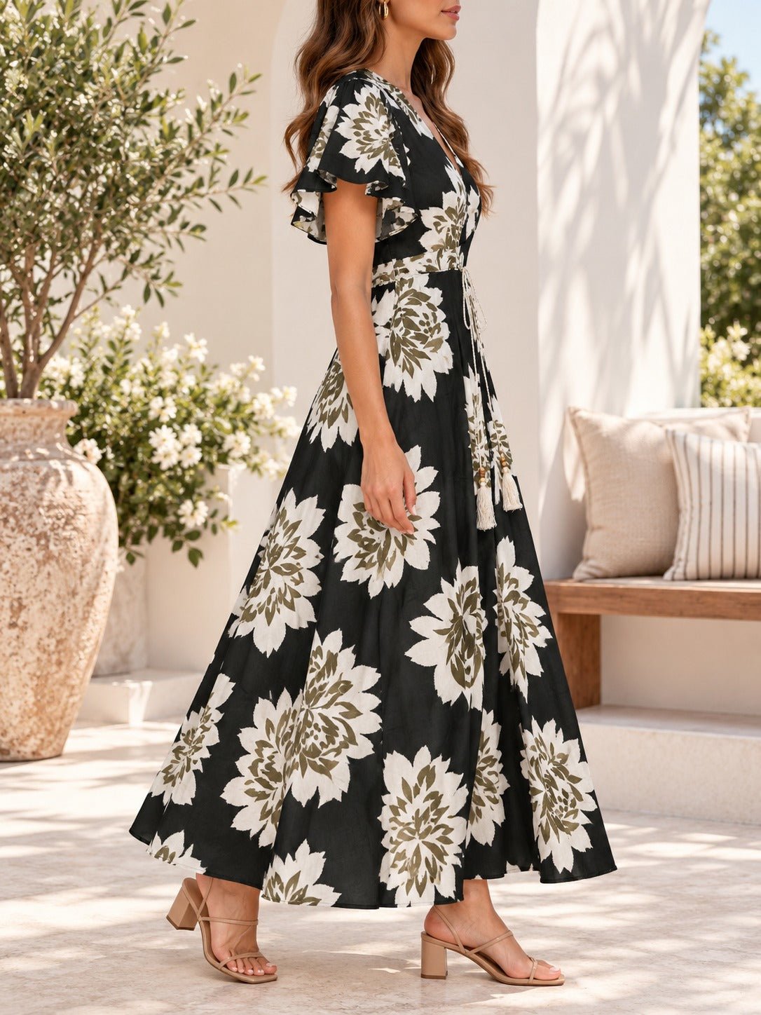 Ladies Olive Floral Tassel Tie-Waist Midi Dress - StylePhase SA