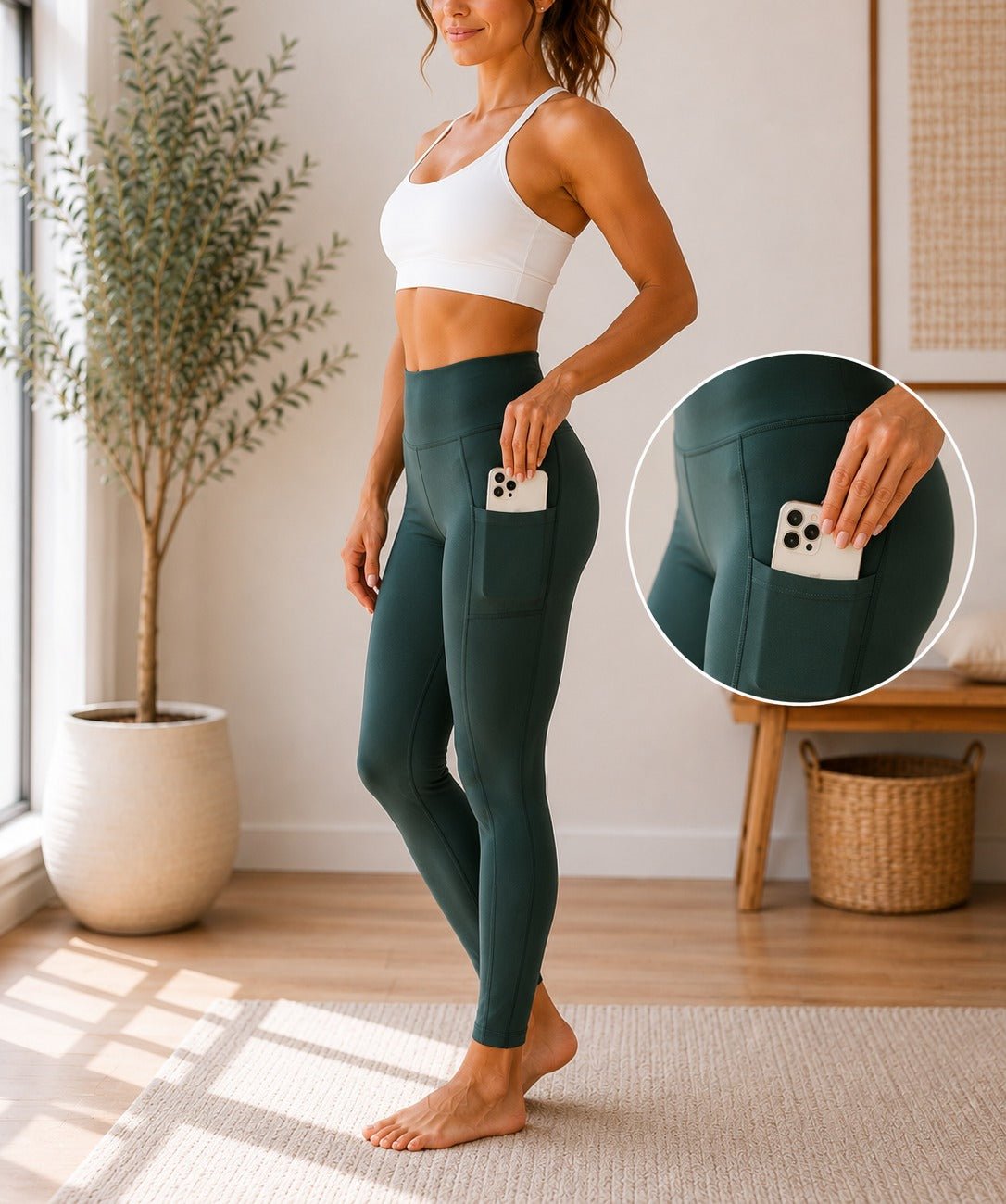 Ladies Olive High-Waist Side Pocket Activewear Leggings - StylePhase SA