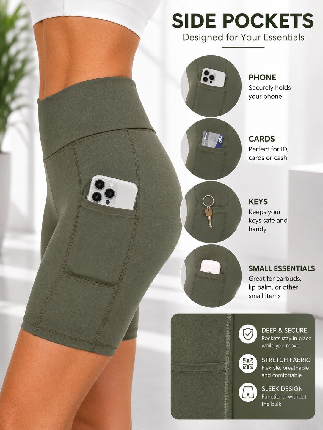 Ladies Olive High-Waist Side Pocket Activewear Shorts - StylePhase SA