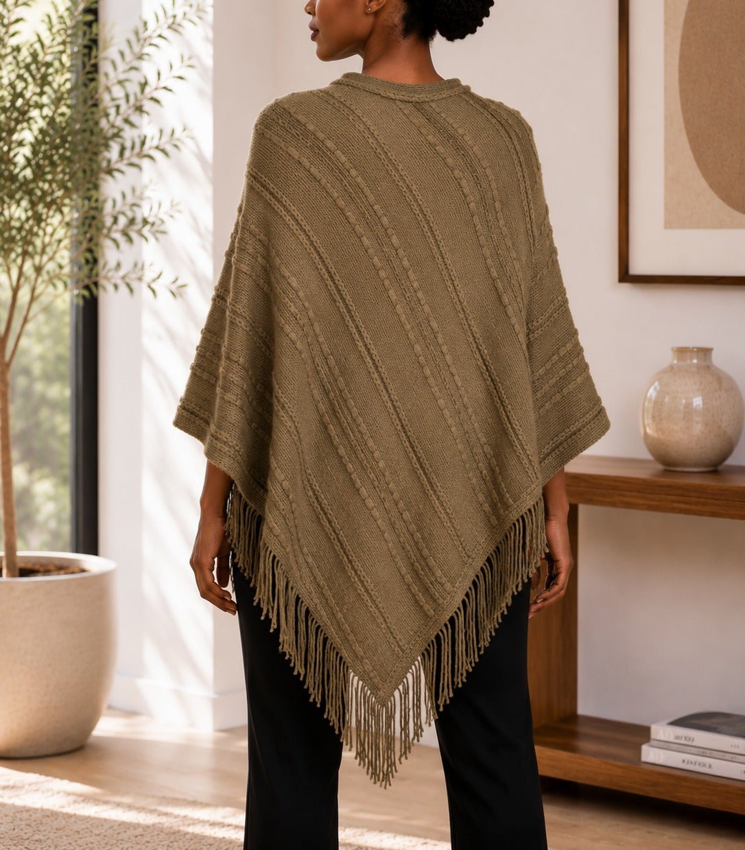 Ladies Olive Knitted V-Neck Poncho - StylePhase SA