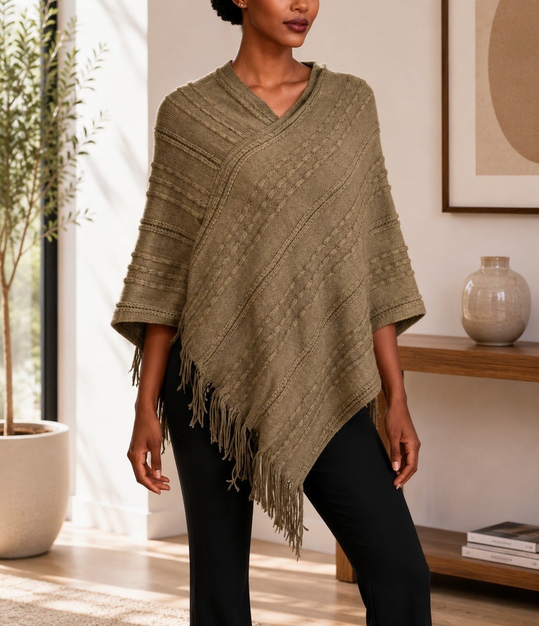 Ladies Olive Knitted V-Neck Poncho - StylePhase SA