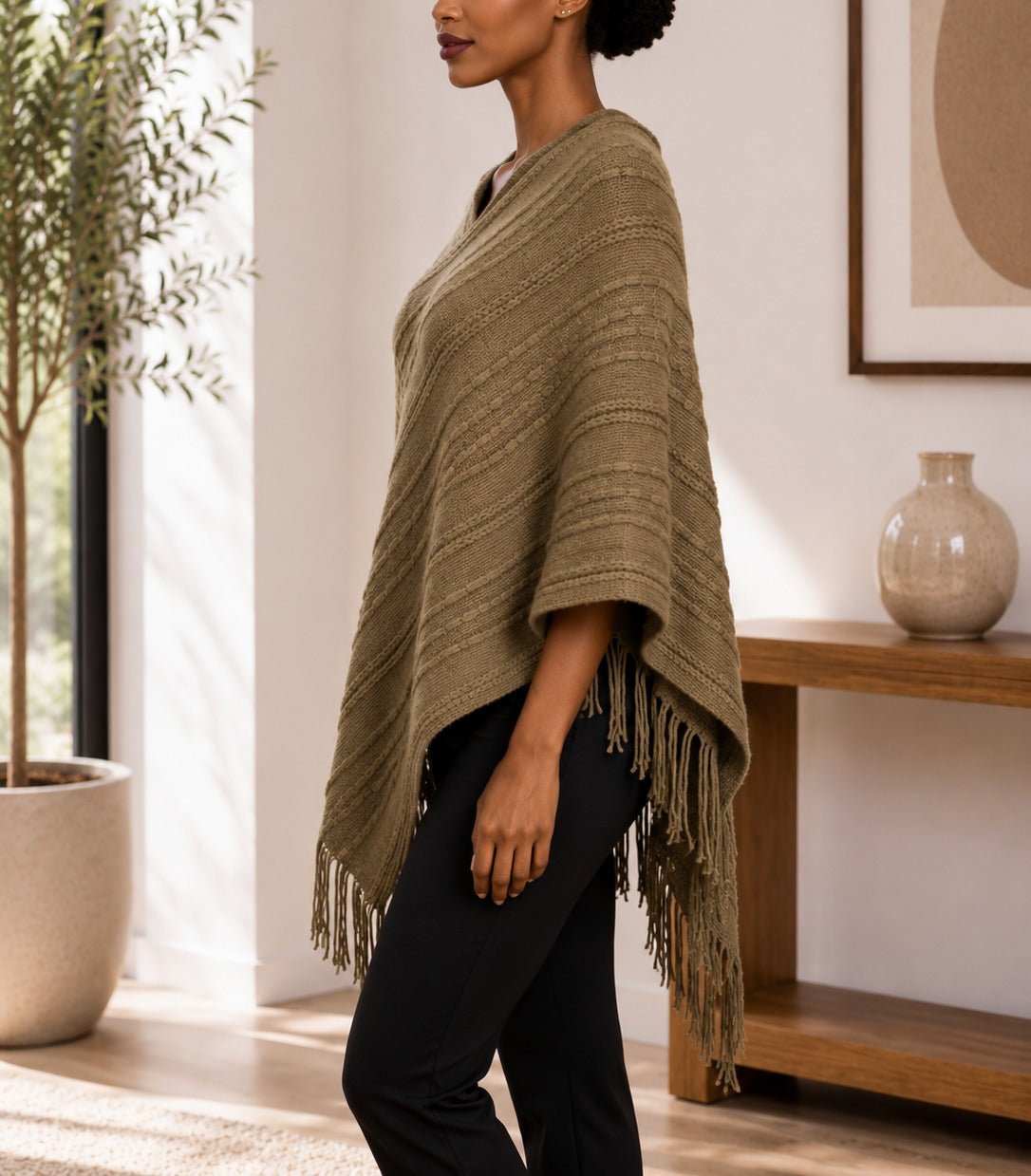 Ladies Olive Knitted V-Neck Poncho - StylePhase SA