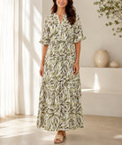 Ladies Olive Leaf Print Ruffle Sleeve Dress - StylePhase SA