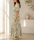 Ladies Olive Leaf Print Ruffle Sleeve Dress - StylePhase SA