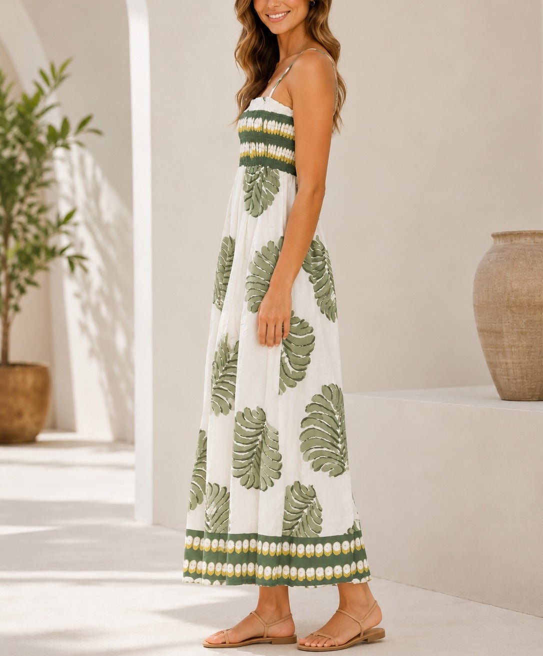 Ladies Olive Leaf Print Spaghetti Strap Maxi Dress - StylePhase SA