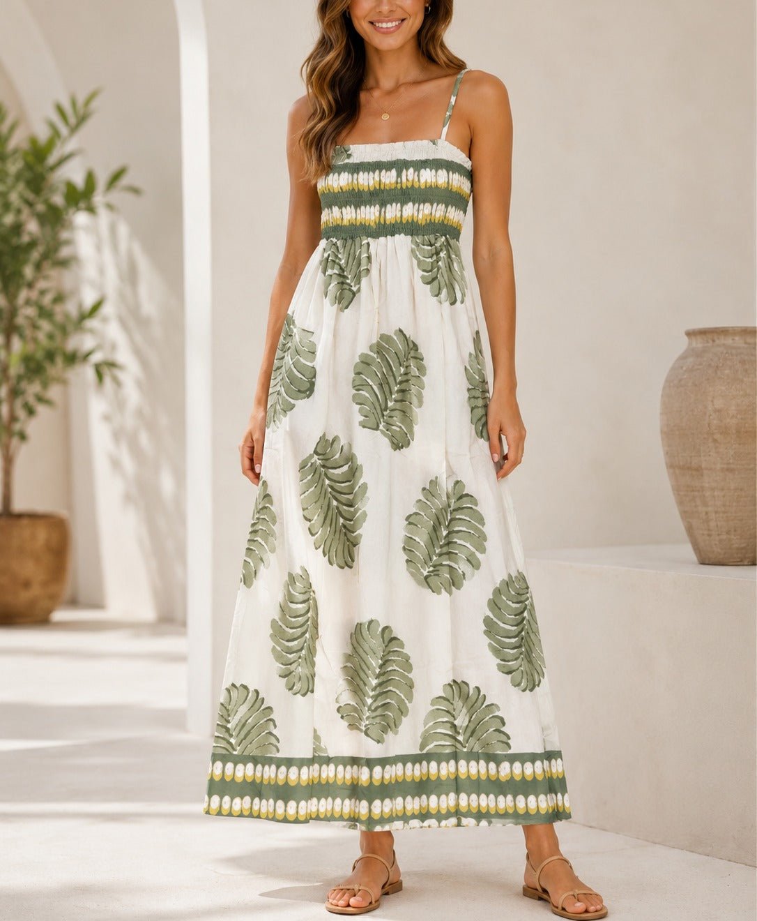 Ladies Olive Leaf Print Spaghetti Strap Maxi Dress - StylePhase SA