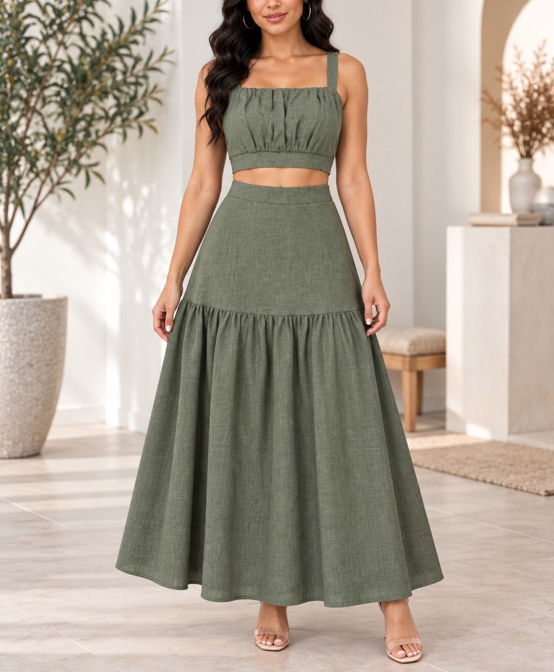 Ladies Olive Maxi Tier Two-Piece Set - StylePhase SA