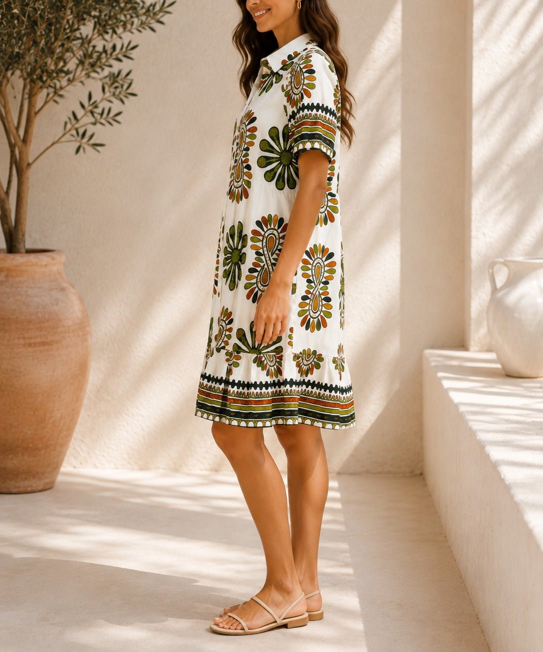 Ladies Olive Paisley Button Front Dress - StylePhase SA