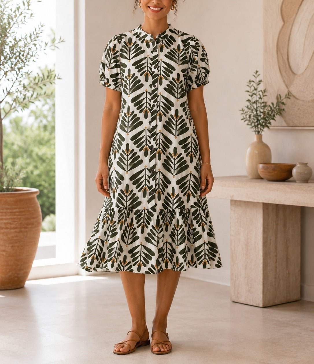 Ladies Olive Paisley Button Front Dress - StylePhase SA