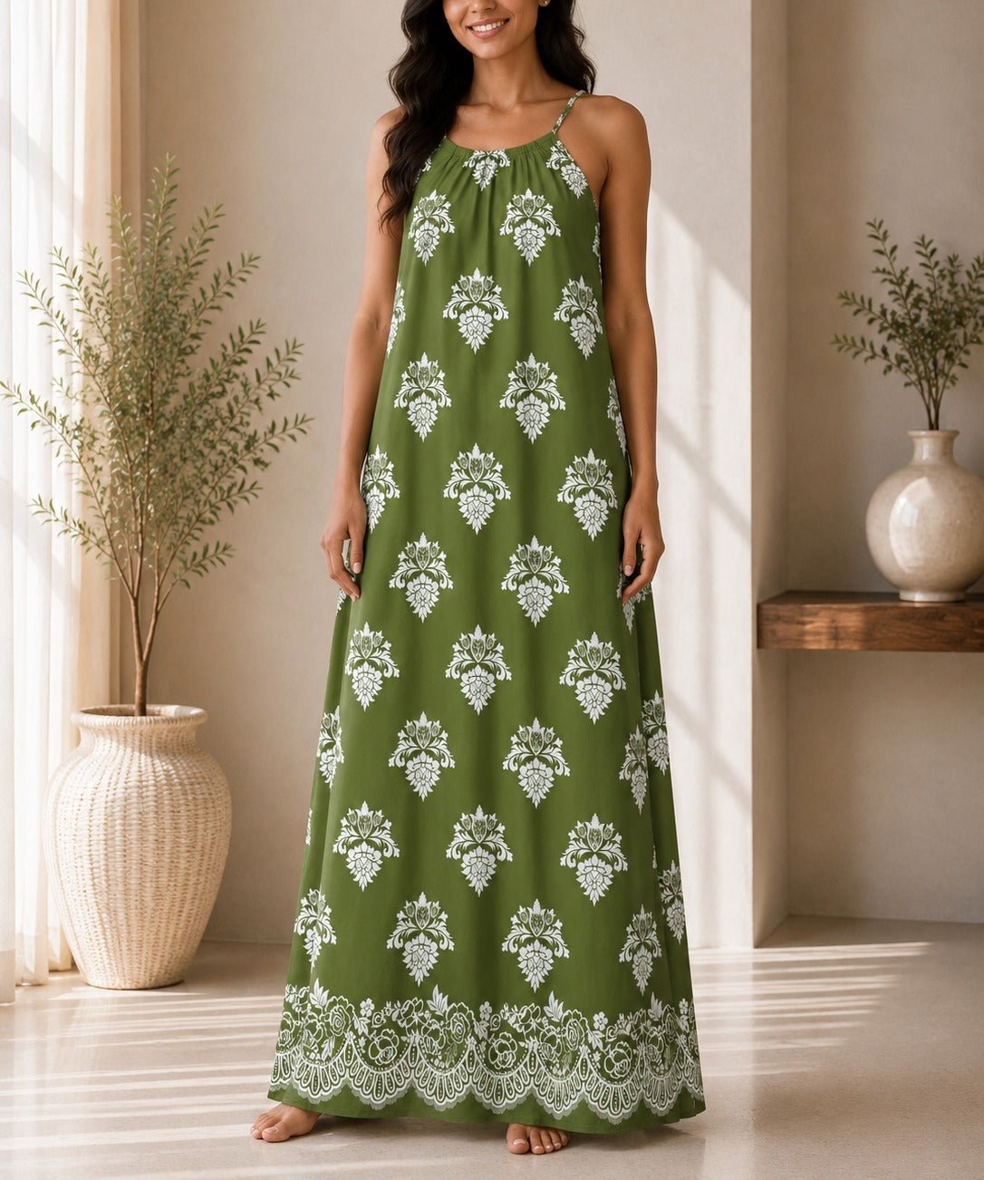 Ladies Olive Patterned Sleeveless Maxi Dress - StylePhase SA