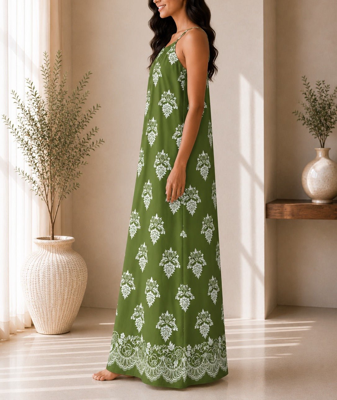 Ladies Olive Patterned Sleeveless Maxi Dress - StylePhase SA