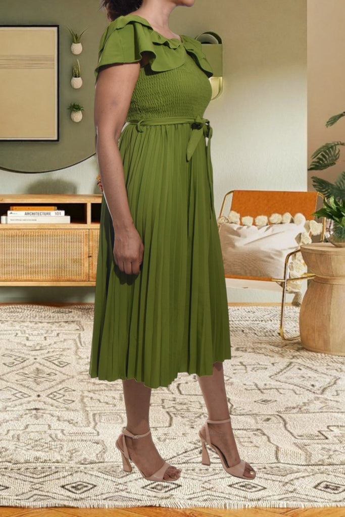 Ladies Olive Pleated Dress - StylePhase SA