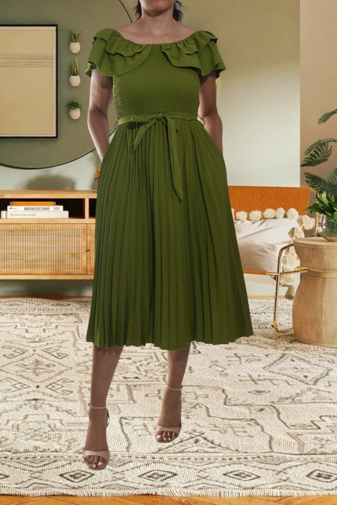 Ladies Olive Pleated Dress - StylePhase SA