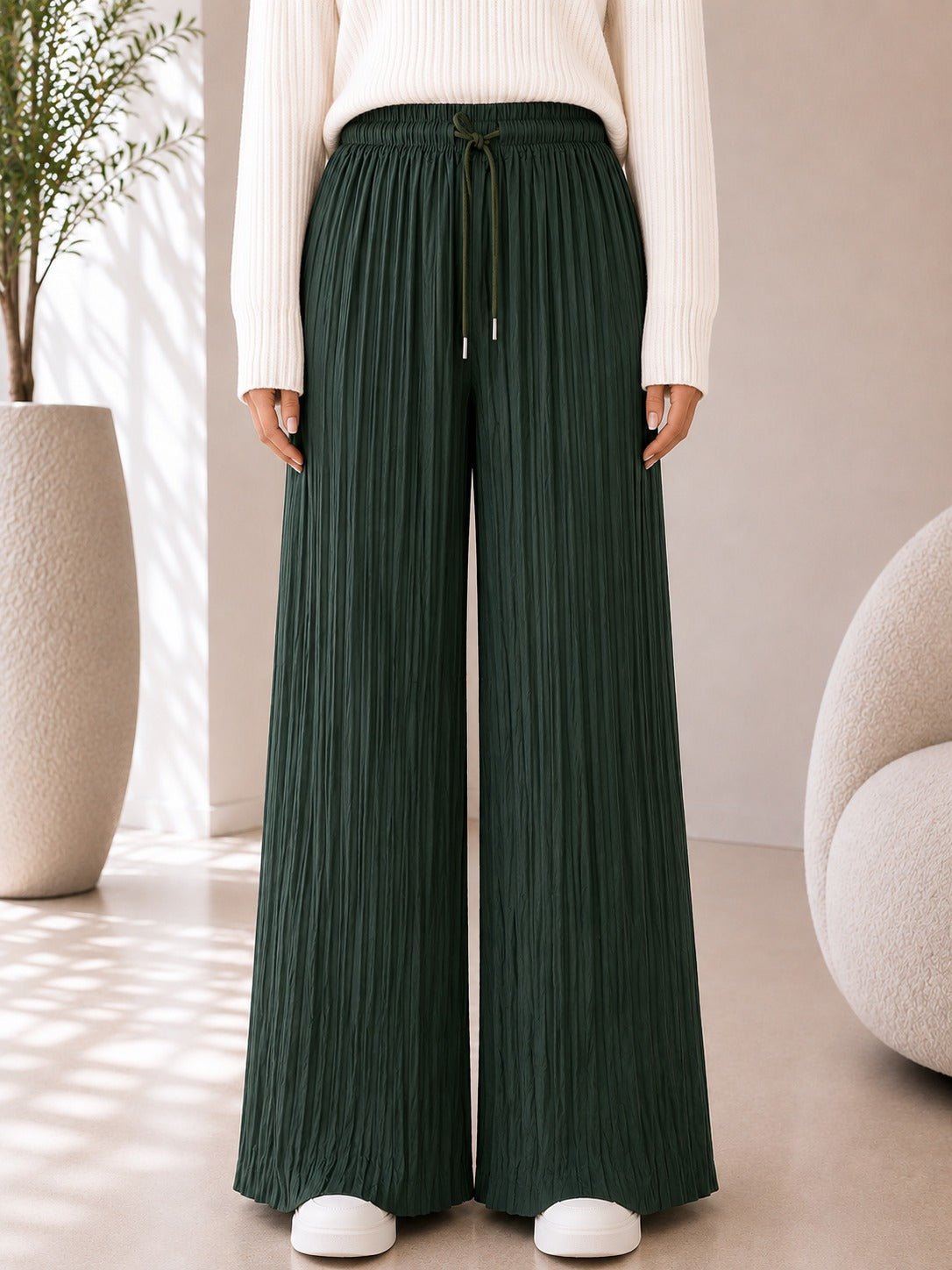Ladies Olive Pleated Wide Leg Pants - StylePhase SA