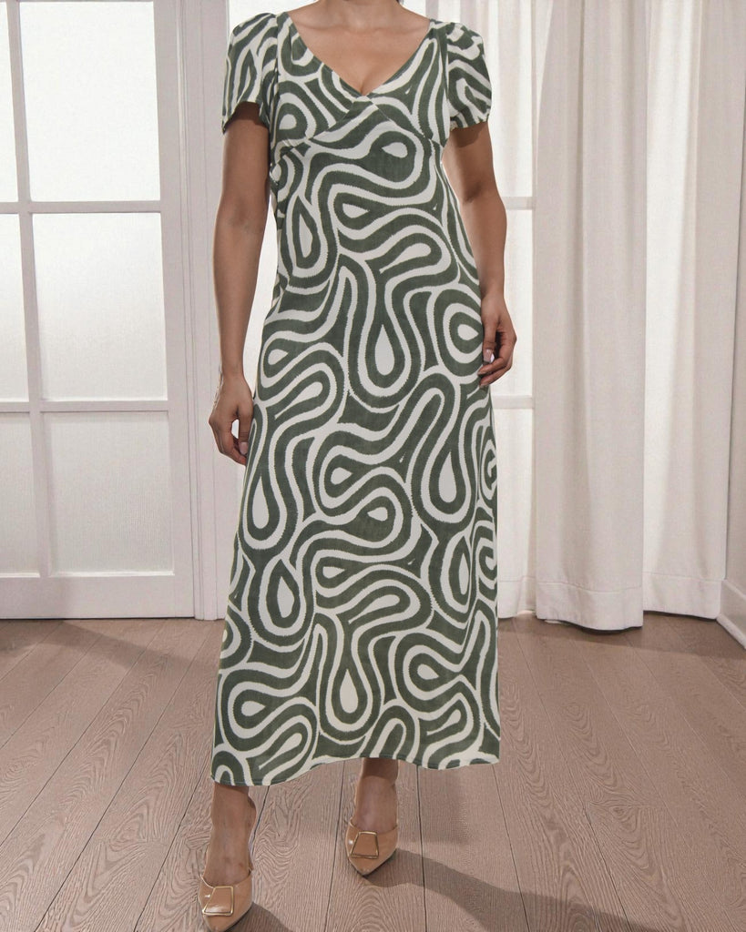 Ladies Olive Print Scoop Back Maxi Dress - StylePhase SA