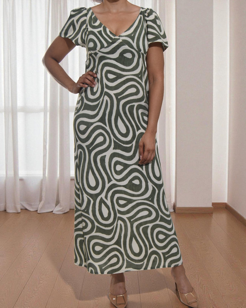 Ladies Olive Print Scoop Back Maxi Dress - StylePhase SA