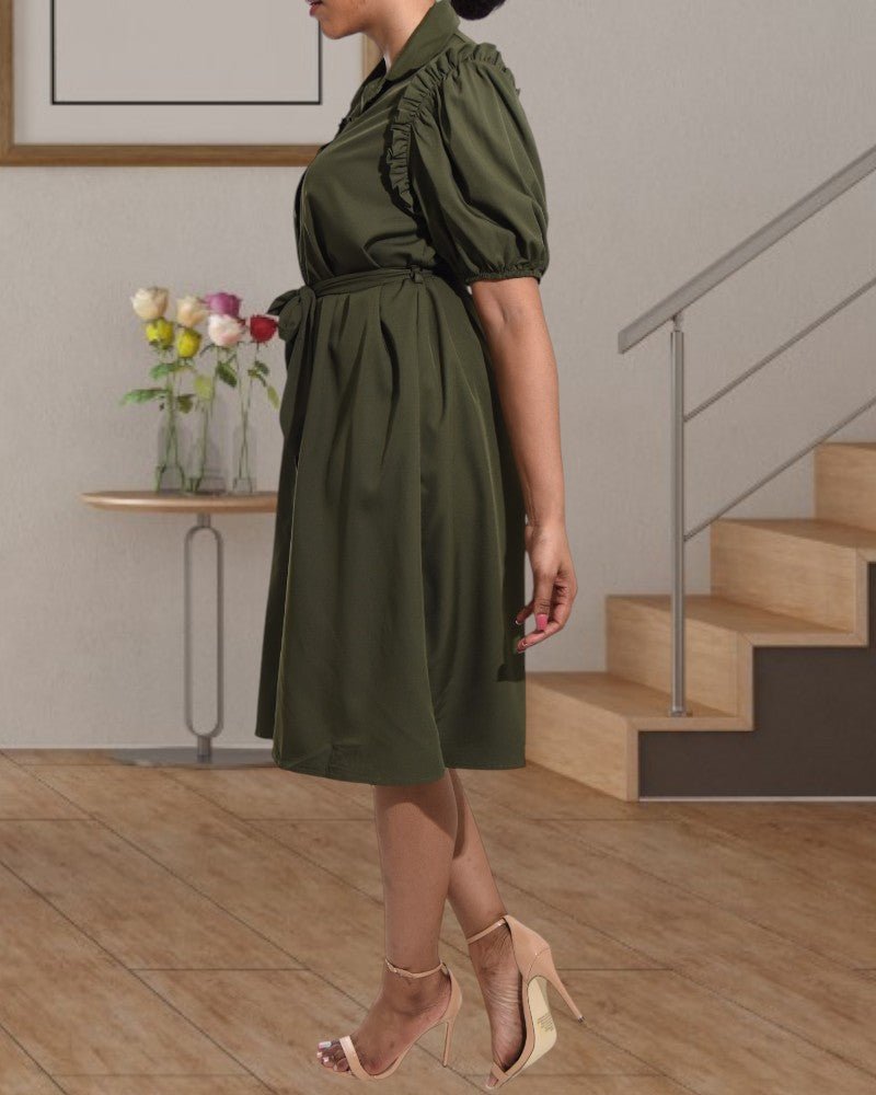 Ladies Olive Puff Sleeves Shirt Dress - StylePhase SA