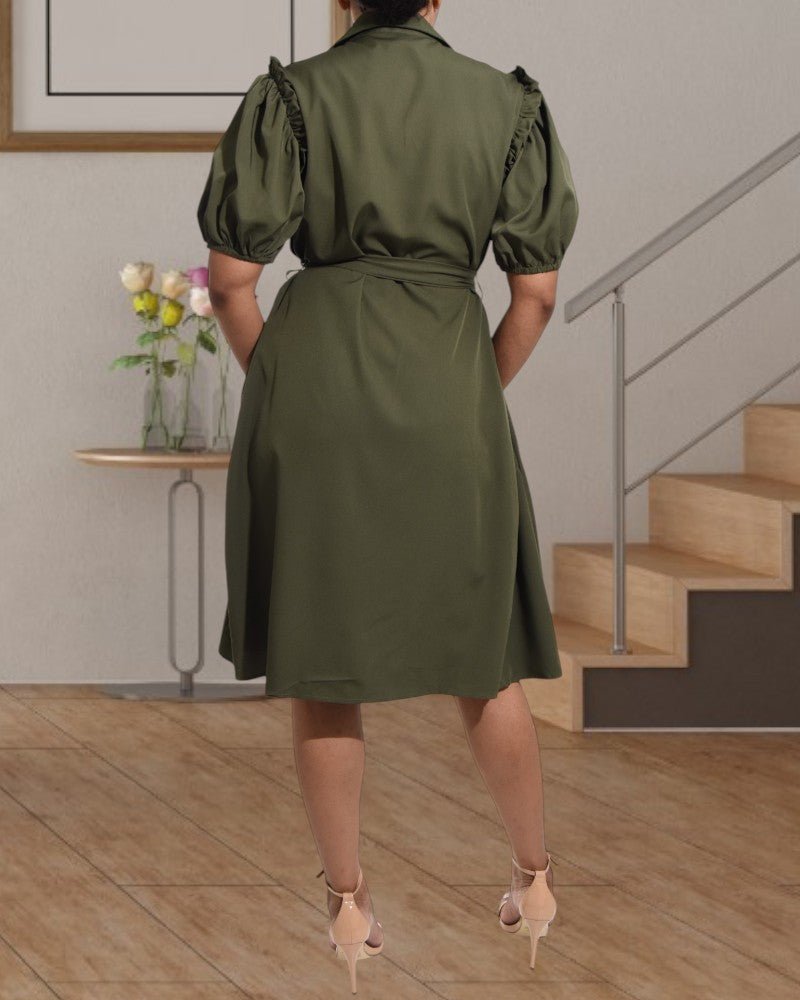 Ladies Olive Puff Sleeves Shirt Dress - StylePhase SA