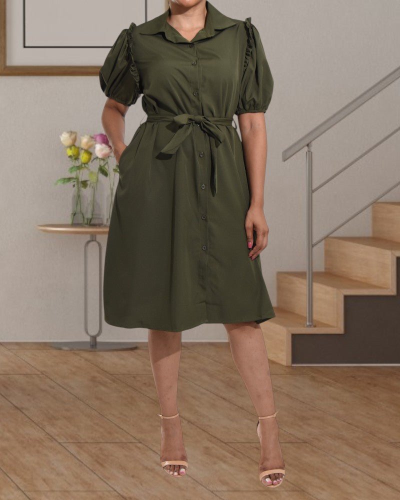 Ladies Olive Puff Sleeves Shirt Dress - StylePhase SA