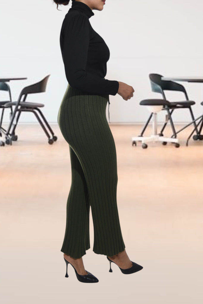 Ladies Olive Rib High Waist Pants - StylePhase SA