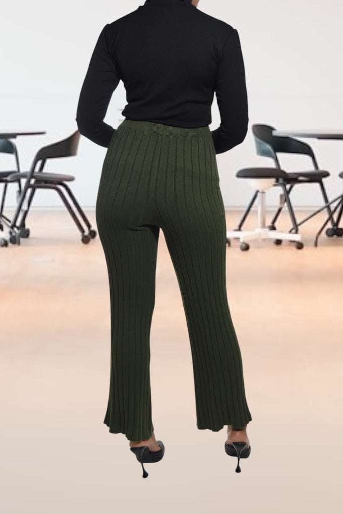 Ladies Olive Rib High Waist Pants - StylePhase SA