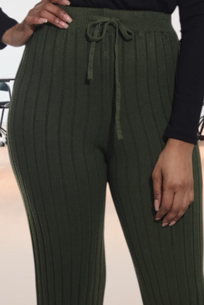 Ladies Olive Rib High Waist Pants - StylePhase SA
