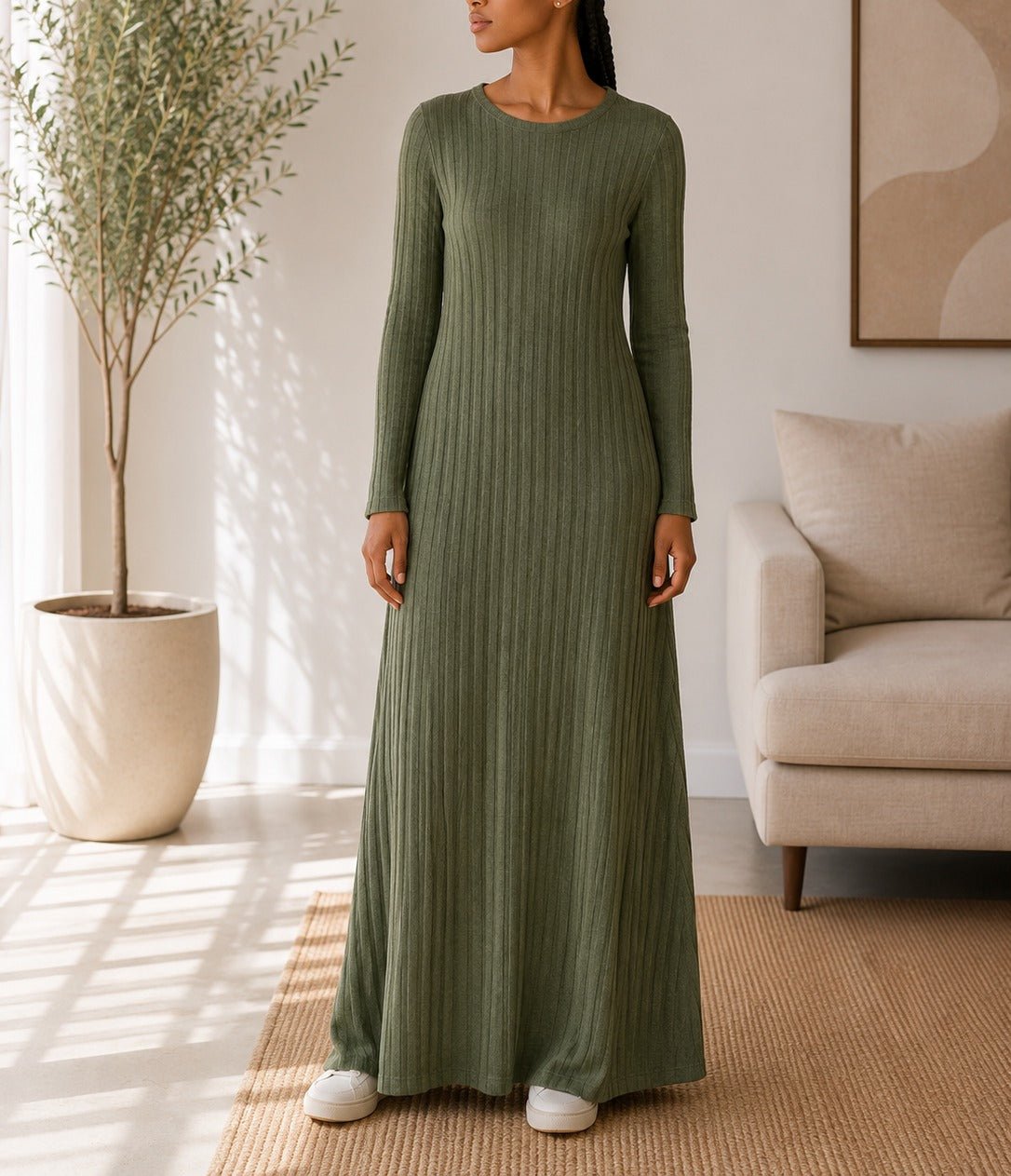 Ladies Olive Ribbed Knit Maxi Dress - StylePhase SA