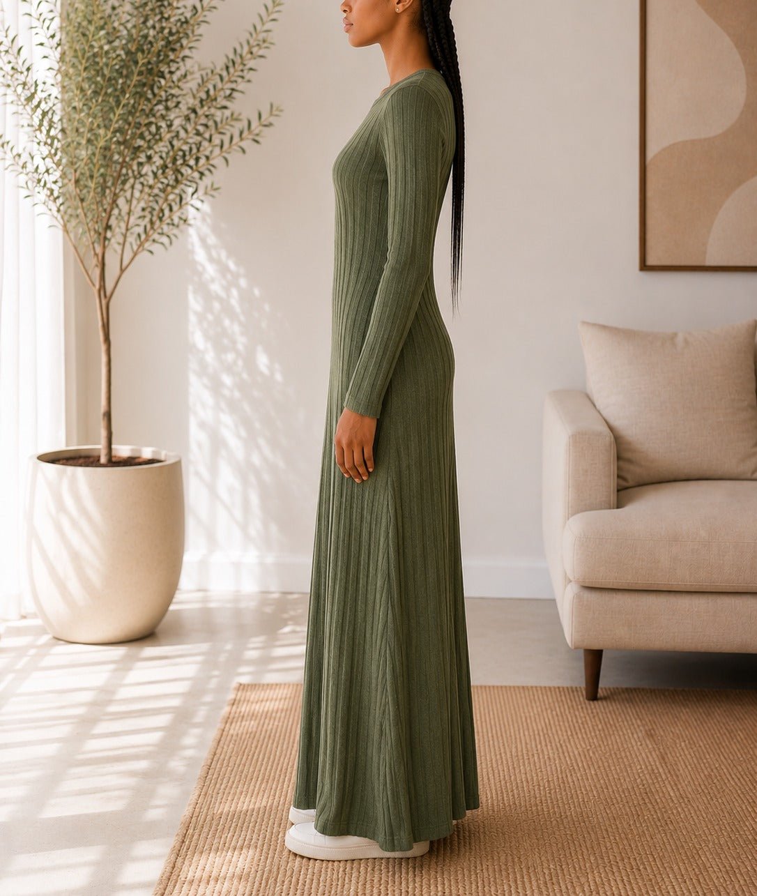 Ladies Olive Ribbed Knit Maxi Dress - StylePhase SA