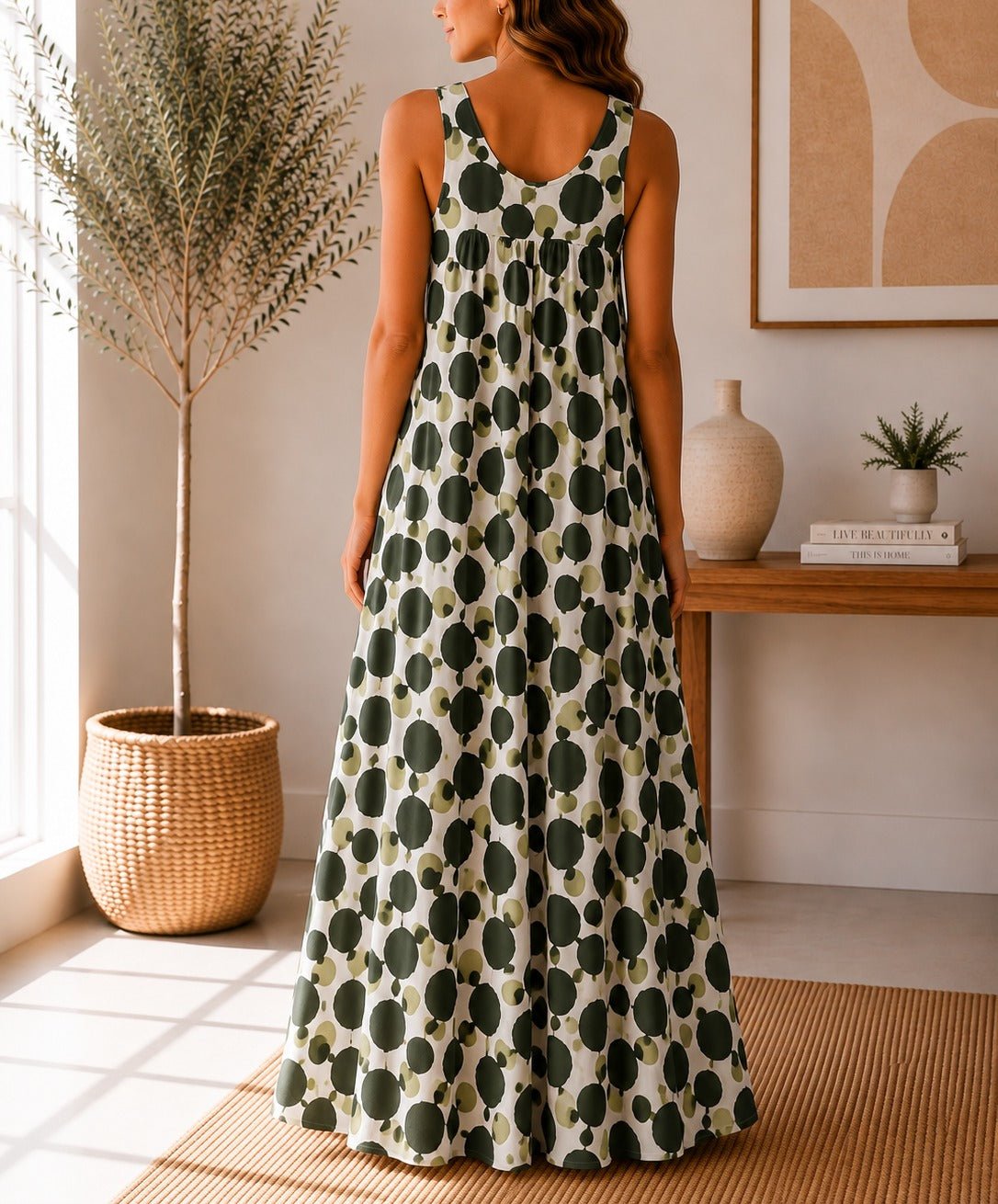 Ladies Olive Sleeveless Polka Dot Maxi Dress - StylePhase SA
