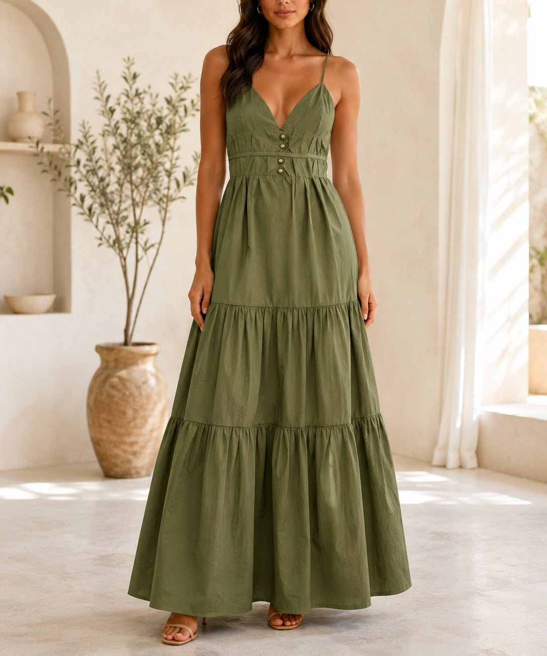 Ladies Olive Strappy Ruffel Hem Dress - StylePhase SA