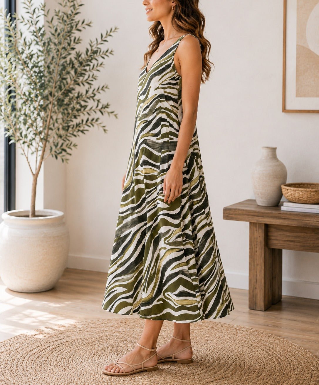 Ladies Olive V Neck Maxi Dress - StylePhase SA