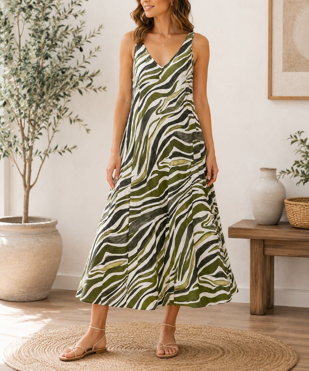 Ladies Olive V Neck Maxi Dress - StylePhase SA