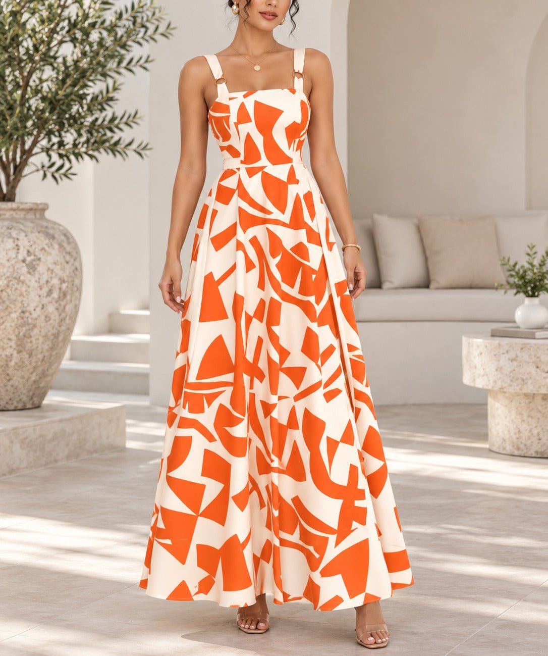 Ladies Orange And Cream Ring Detail Strappy Maxi Dress - StylePhase SA