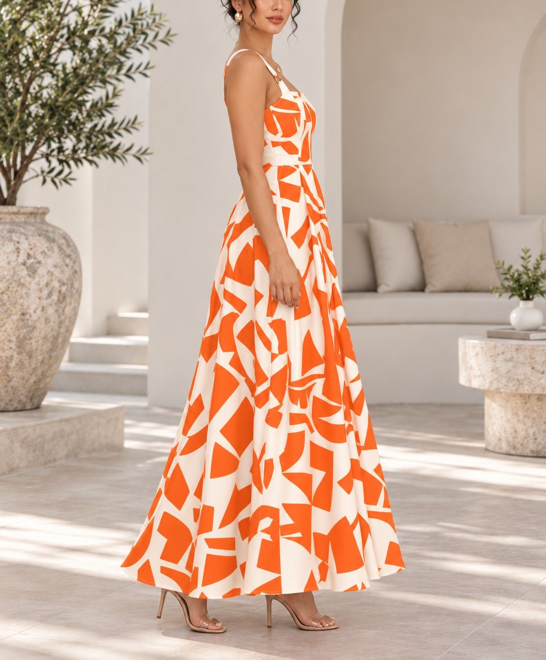 Ladies Orange And Cream Ring Detail Strappy Maxi Dress - StylePhase SA