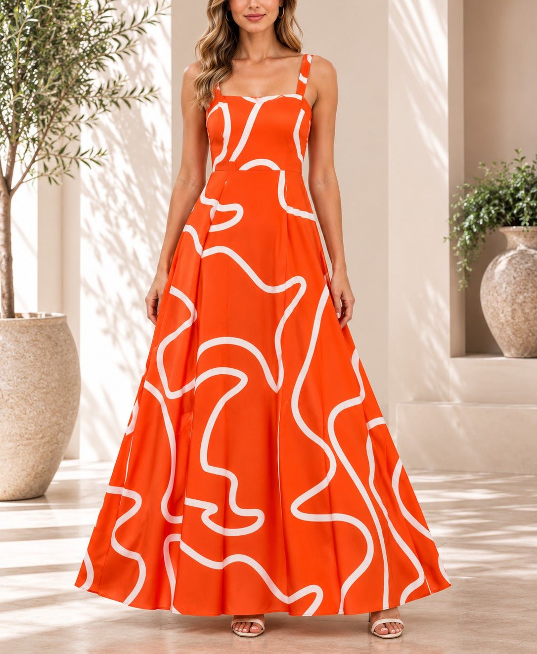 Ladies Orange And White A-Line Cami Maxi Dress - StylePhase SA