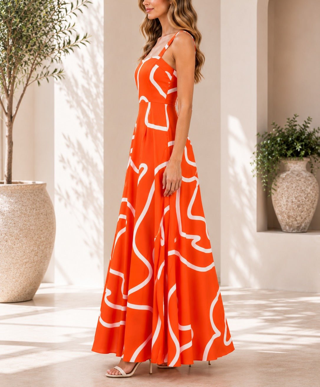 Ladies Orange And White A-Line Cami Maxi Dress - StylePhase SA