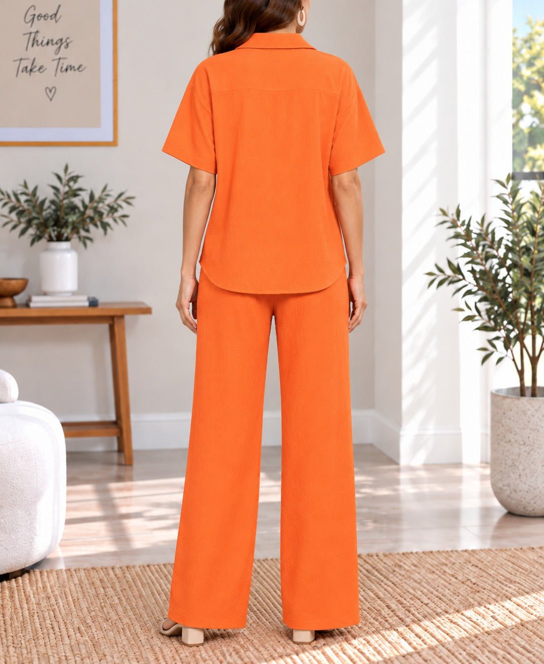 Ladies Orange Button Shirt Two-Piece Set - StylePhase SA