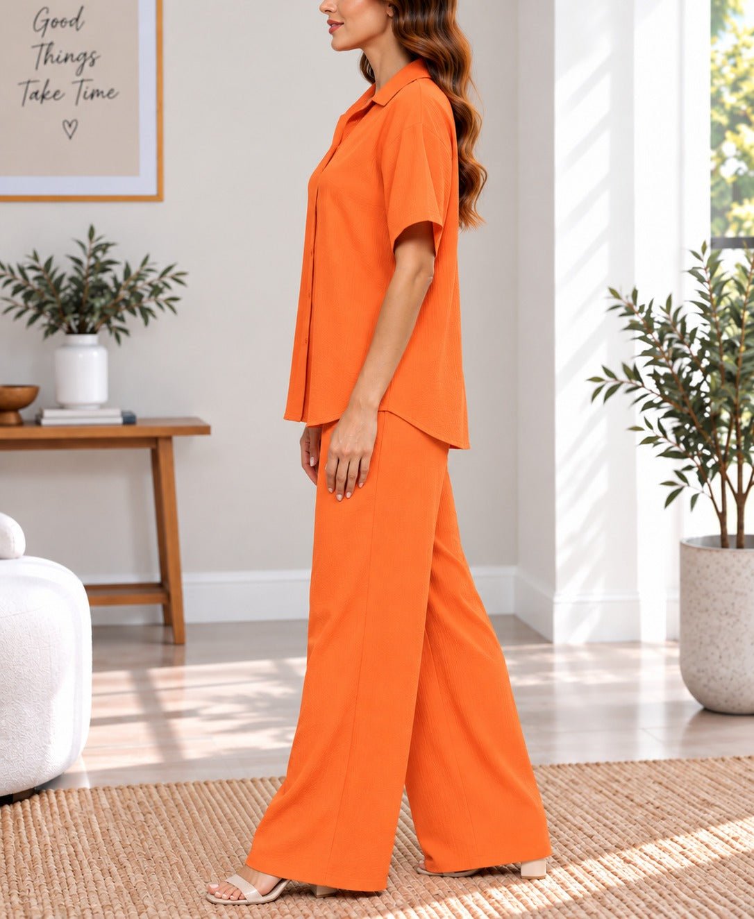 Ladies Orange Button Shirt Two-Piece Set - StylePhase SA