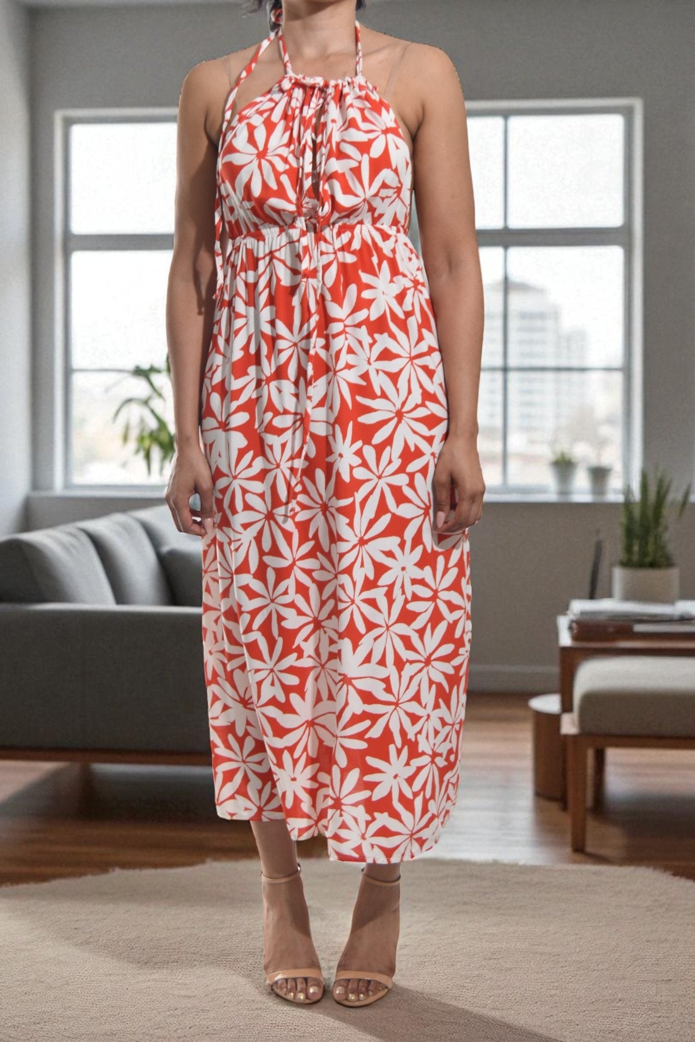 Ladies Orange Floral Backless Dress - StylePhase SA