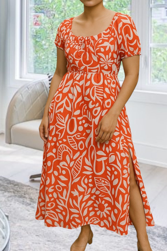 Ladies Orange Floral Slit Dress - StylePhase SA