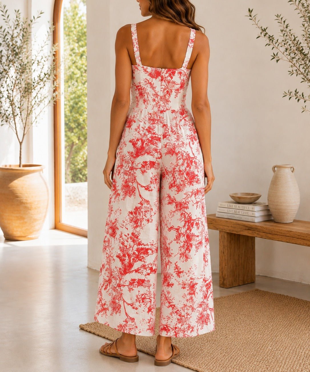 Ladies Orange Floral Strappy Pleated Jumpsuit - StylePhase SA