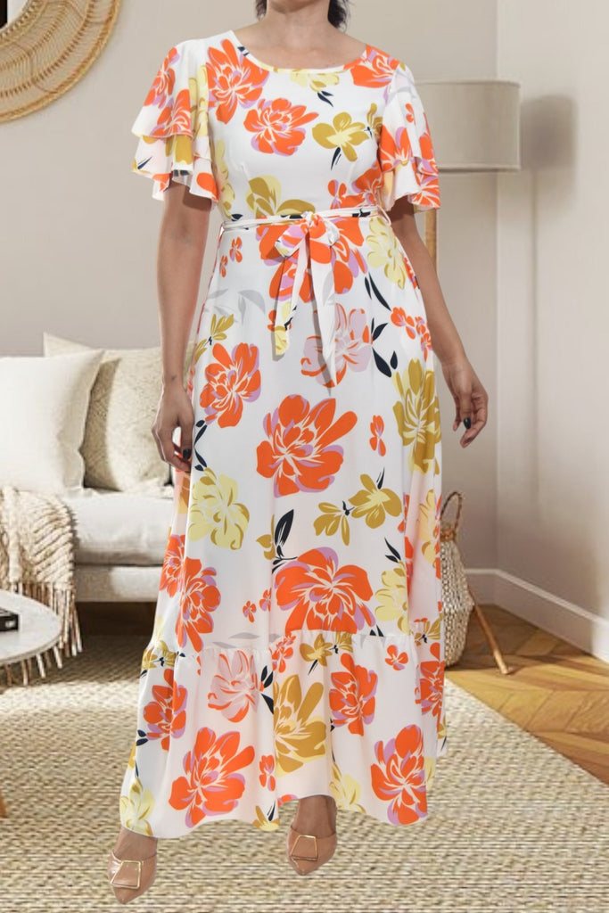 Ladies Orange Floral Tie Maxi Dress - StylePhase SA