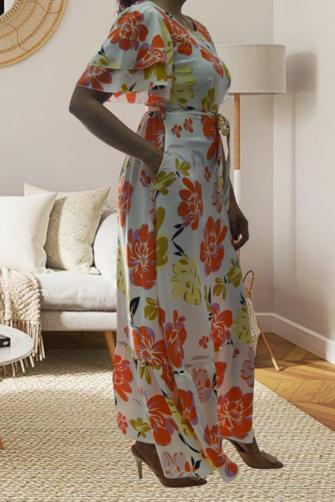 Ladies Orange Floral Tie Maxi Dress - StylePhase SA