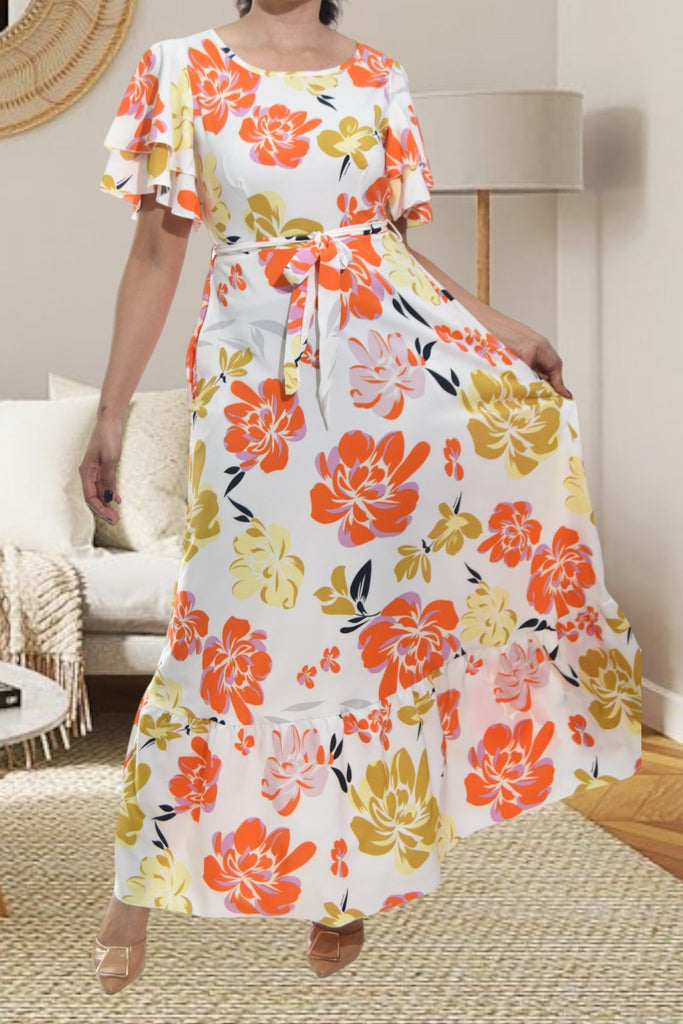Ladies Orange Floral Tie Maxi Dress - StylePhase SA