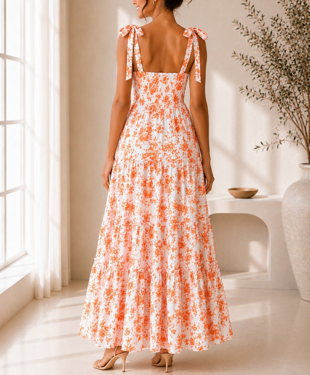 Ladies Orange Floral Tie Shoulder Dress - StylePhase SA