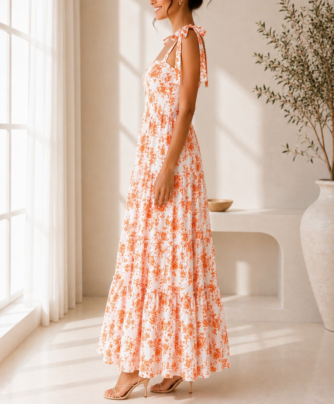 Ladies Orange Floral Tie Shoulder Dress - StylePhase SA