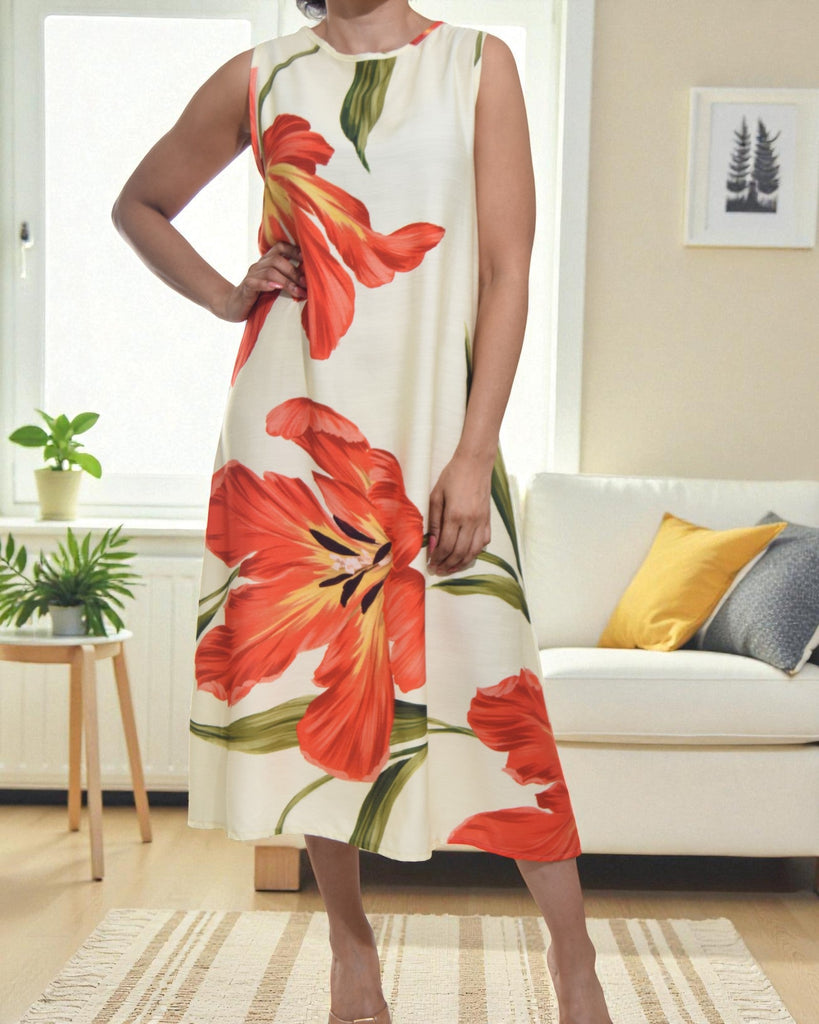 Ladies Orange Flower Midi Sleeveless Dress - StylePhase SA
