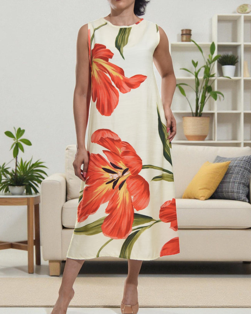 Ladies Orange Flower Midi Sleeveless Dress - StylePhase SA