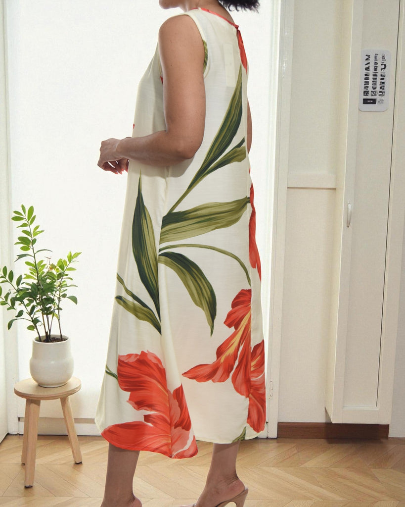 Ladies Orange Flower Midi Sleeveless Dress - StylePhase SA