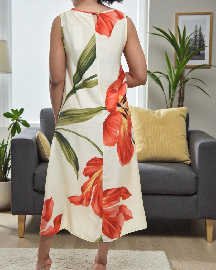 Ladies Orange Flower Midi Sleeveless Dress - StylePhase SA